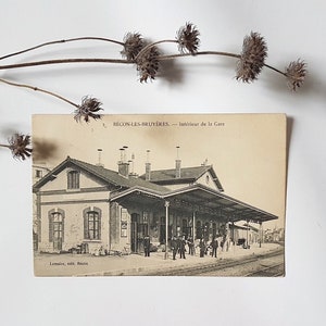 Vintage postal negro blanco fotografía antigua Gare Bécon Les Bruyères Francia plataforma tren ferrocarril foto mercado de pulgas correo carta