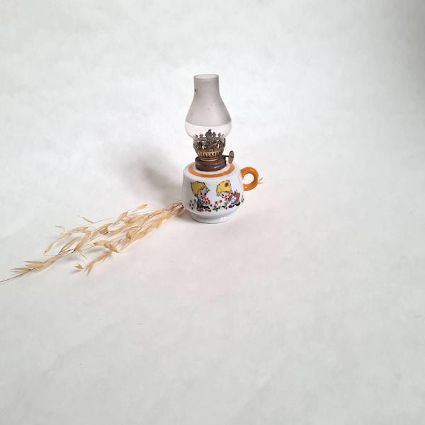 Vintage lampe huile porcelaine Showa/blanc orange petite/Japon japonais rétro motif mignon enfant/illustration Ado Mizumori/décor décoration