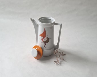 Vintage cafetière théière porcelaine Bavaria/blanc motif orange/service thé café eau boisson/style rétro années 70-80/anse couvercle