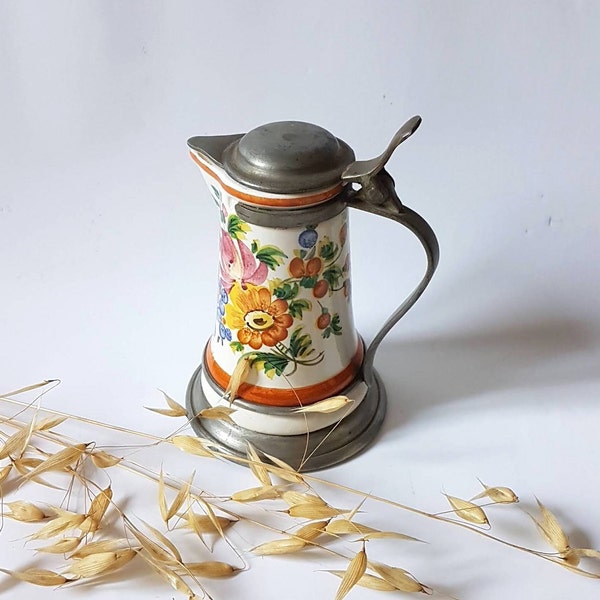 Vintage Kaffeekanne Kanne Krug/Porzellan Zink Deckelgriff/graue Blume weiß Blumenmuster/Tischkunst Deutschland Rein Zinn Kunsthandwerk