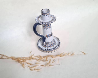 Vintage candlestick candle holder/porcelain ceramic/white blue/handcraft Spain signed decorative Talavera decoration home decor/flea market