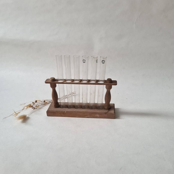 Vintage glass test tubes wooden support Sovirel France/chemistry laboratory 6 test tubes/19th French artisanal curiosities cabinet France