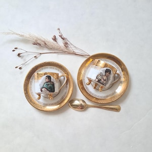 Vintage coffee cups tripod/with saucer/1 golden spoon/Limoges fine porcelain/white gold/portraits Napoleon Josephine/espresso tea service