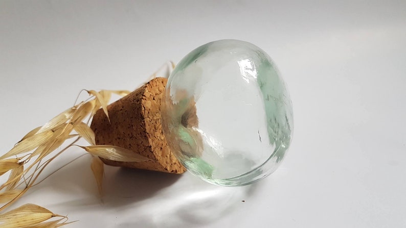 May include: A clear glass bottle stopper with a cork base. The bottle stopper is round and has a slight green tint.