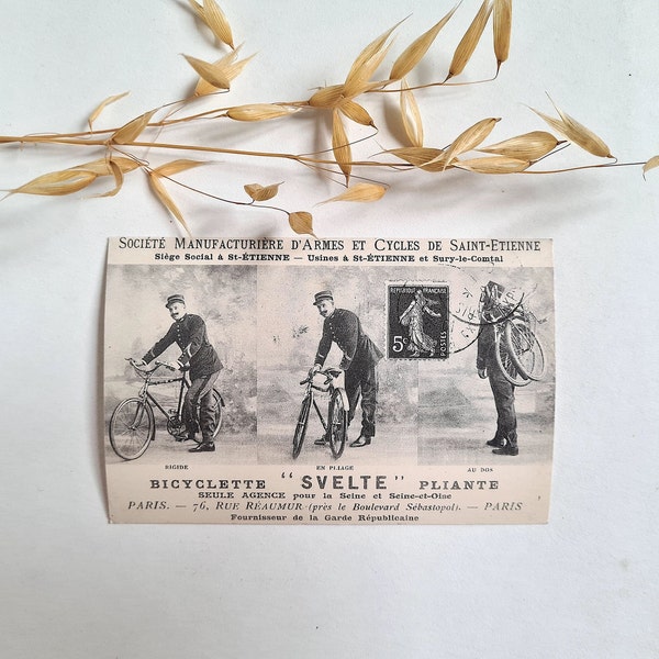 Vintage carte postale photographie noir blanc publicité retro France française cycle vélo Svelte StEtienne manufacture bicyclette pliante