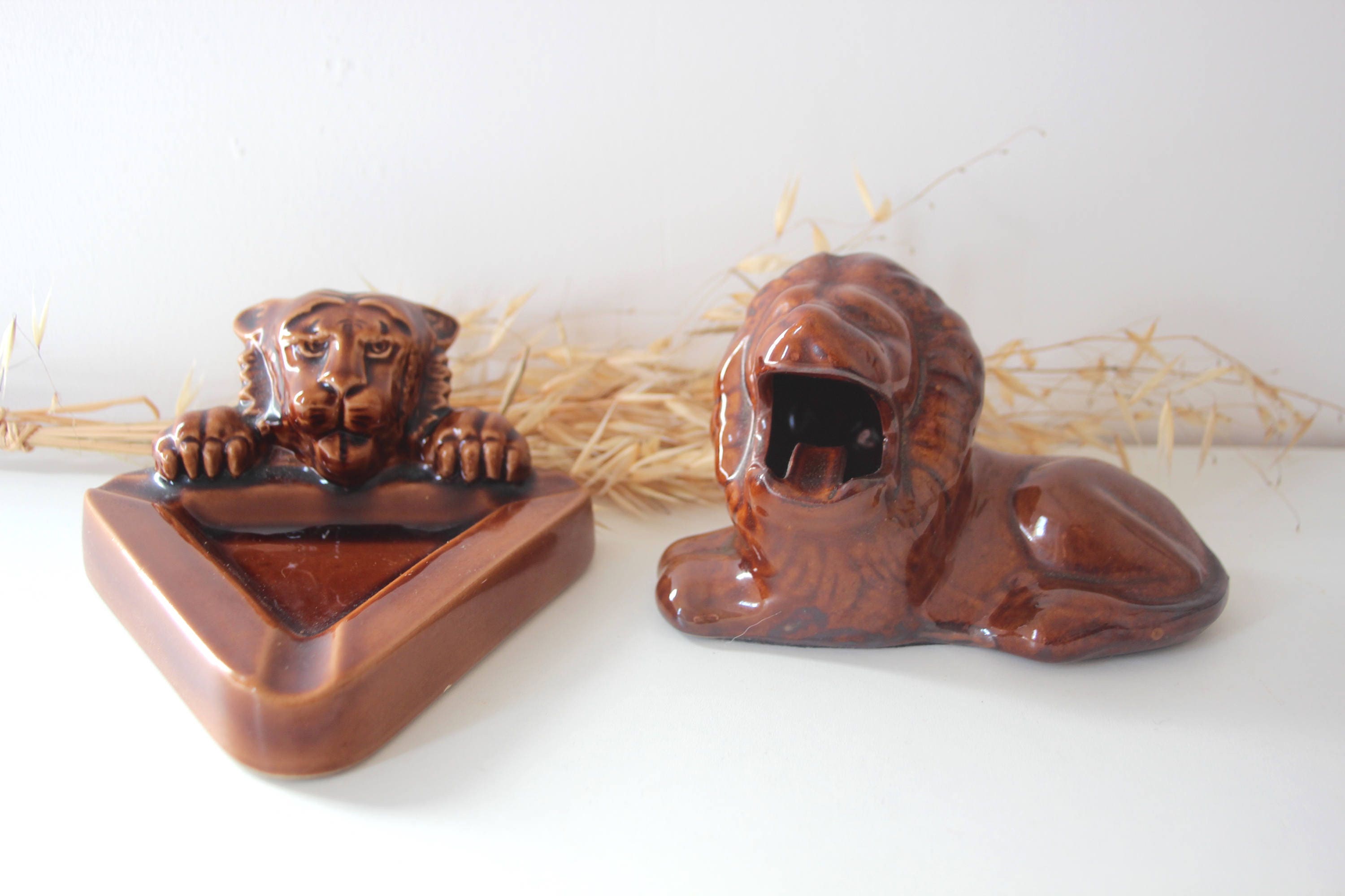 Vintage 2 Statue Lion Faïence Cendrier Chinoise Chine Decoration Statuette Decor Maison Salon Fumeur