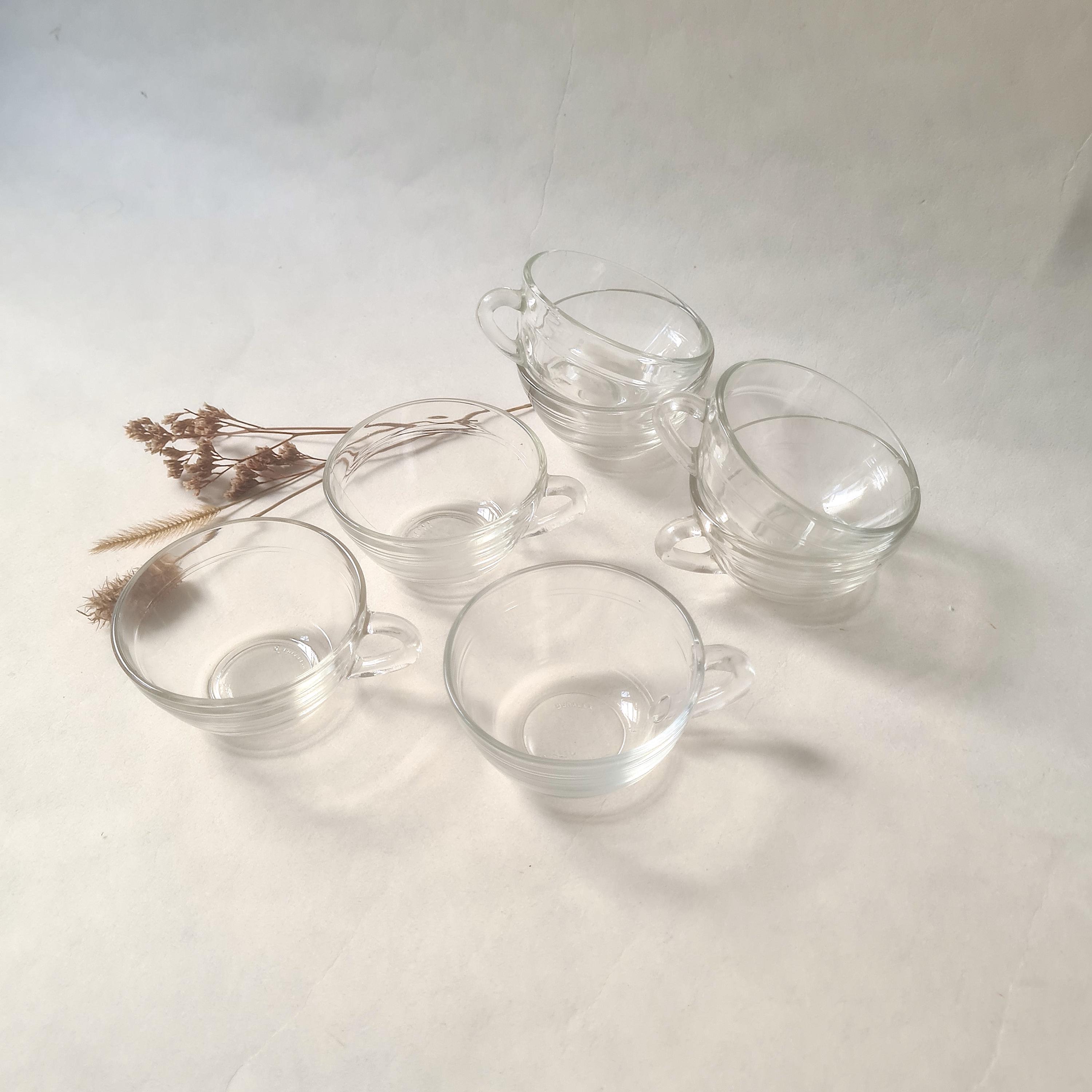 Set of 7 vintage clear Duralex cups French tempered glass coffee service Chic retro table 1970s/tea set espresso/transparent with handle