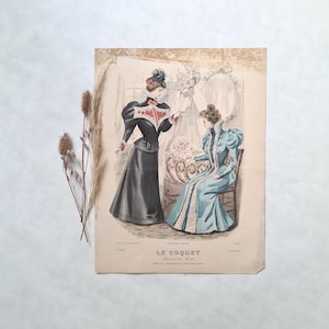 Vintage Mode Poster Gravur/Das kokette Modejournal/1900 Viktorianische Belle Epoque/Pariser Gesellschaftsdame/Kind Baby Stubenwagen Neugeborene