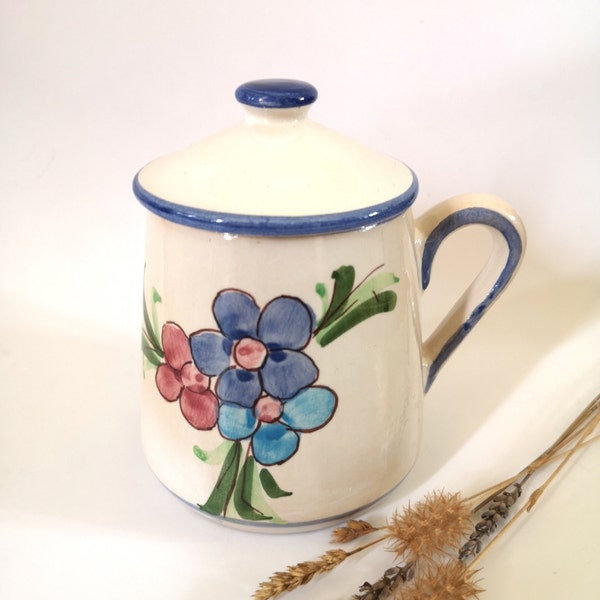 Vintage pot decanter porcelain ceramic lid handle flowers old house blue small decoration coffee milk tea drink utensil table flea market