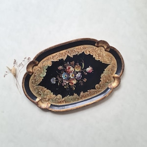 Vintage wooden tray/black gold/flower pattern/hand painted/antique antique/old/decorative decoration/classic chic/Florentine Florence Italy
