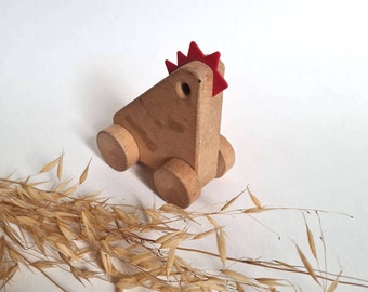Vintage wooden toy game child toddler hen chicken animal rolling wheels red crest handmade artisan Finland traditional Jukka craft wood