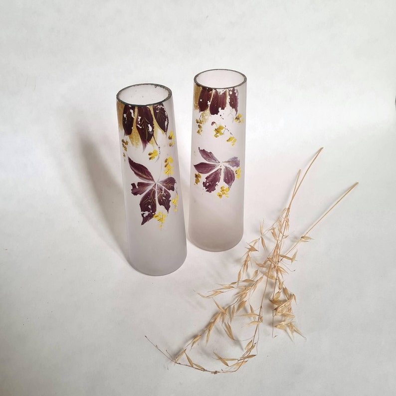 Vintage vase two opaque frosted glass tops tube pattern purple parma yellow flowery floral bouquet decorative decoration home interior decor image 1