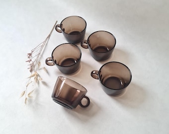 Vintage 5 Tassen/transparentes braunes Rauchglas/Vereco France French/Retro-Design/70er Jahre Geschirr/Küchenservice für Gäste und Familie