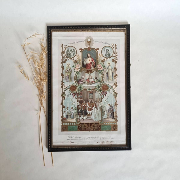 Vintage tableau souvenir communion cérémonie religieuse gravure couleur encadré cadre bois noir or bapteme confirmation chrétien 1917 France