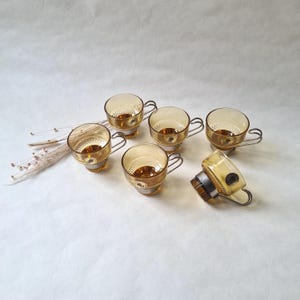 Vintage amber glass cups/espresso coffee/orange colored metal handle/service set of 5/retro tableware from the 70s old/Lubiana Italy 1970