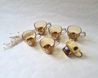 Vintage amber glass cups/espresso coffee/orange colored metal handle/service set of 5/retro tableware from the 70s old/Lubiana Italy 1970
