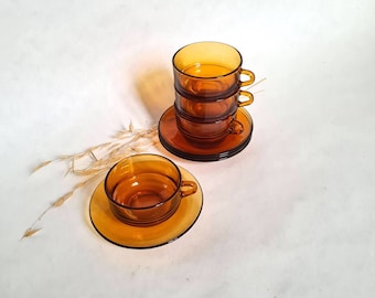Lot Duralex France Vintage – 5 Tasses à Café + Soucoupes + 4 Verres – Ambré