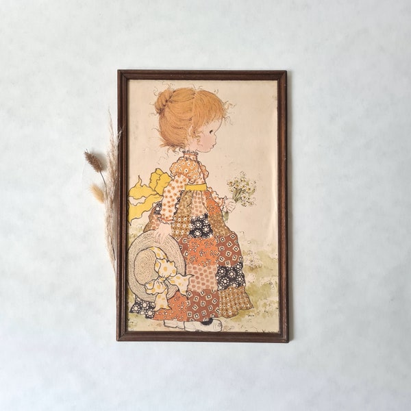 Vintage Sarah Kay illustration dessin tableau/encadré cadre bois/fillette robe patchwork/décor rétro maison/décoration intérieure bucolique