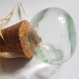 May include: A clear glass bottle stopper with a cork base. The bottle stopper is sitting on a white surface.