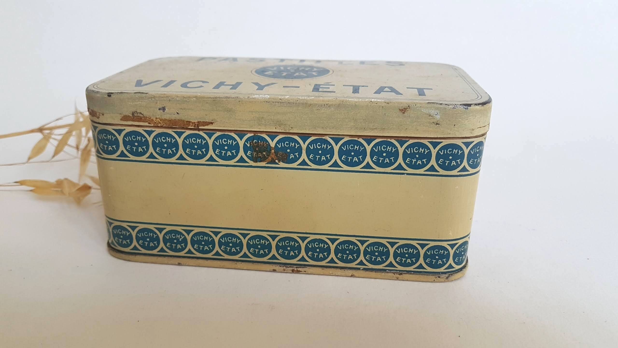 Vintage Box Metal Vichy Pastilles Ecru Blue Rectangle Large Vintage Box Metal Vichy Pastilles Ecru Blue Rectangle Large