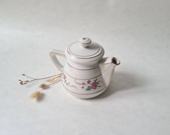 Vintage théière porcelaine véritable Nomar France/Blanc liseré doré motif fleur rose/art table français cuisine/shabby chic style rétro