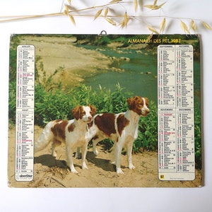 Vintage calendrier 1987/almanach P.T.T. chiens/ancien document années 80/France collection français/décoration murale/rétro kitsch brocante