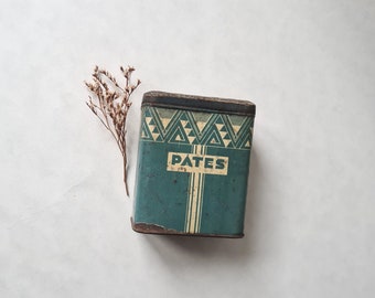 Caja de chapa de hierro vintage/estilo Art Déco verde azul/marcada "pasta"/forma rectangular con tapa abatible/antiguo año retro 40 50 Francia