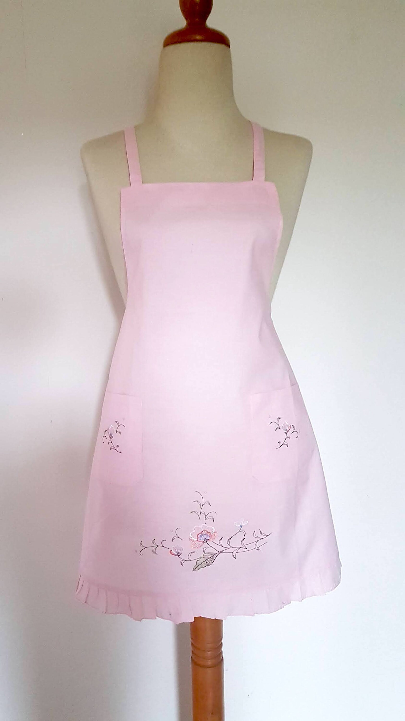 Vintage Tablier Rose Brodé Fleur Motif Floral Cuisine Linge Accessoire Cuisinière France Vêtement Co