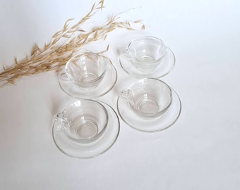 Vintage 4 coffee cups saucers/transparent glass/Duralex France French/tableware kitchen/service retro style/tea house/60s-70s/boho chic dish