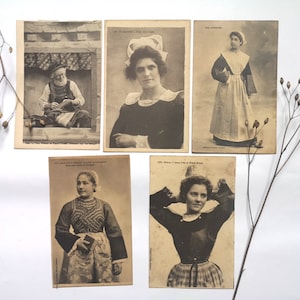 Vintage cartes postales lot 5/noir blanc/époque costume traditionnel/personnages bretons Bretagne/région française/histoire courrier papier