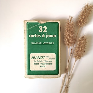 Vintage-Deck mit 32 Spielkarten/Werbeartikel/"Jeanot Lou Paysan, der König der Kleidung" waschbar glasiert/komplett weiß grün