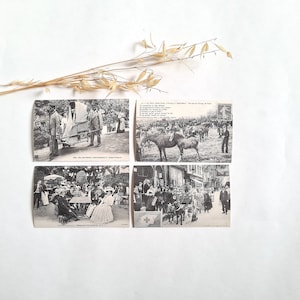 Vintage carte postale photographie noir blanc histoire historique chaise à porteur foire Sainte Croix restaurant Fouqueux attelage de chiens