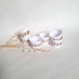 Vintage cups set of 6/white opaline glass/flower pattern floral red blue/Arcopal tableware/coffee service/France French/old flea market