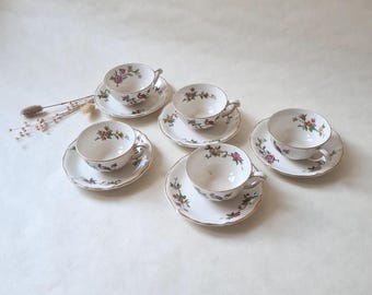 Vintage 5 cups saucers/tea coffee service/antique France/French tableware 50s/pink white peacock bird/collection 50s/shabby boho chic