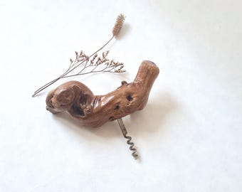 Sacacorchos/abridor de botellas vintage con mango de madera/cepa auténtica/viñedo de vinicultor/vinificación en Francia/utensilio rústico tradicional