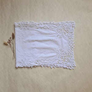 May include: A rectangular white fabric runner featuring intricate lace borders with floral patterns and delicate embroidery details on the smooth central panel. The piece is accompanied by a small, dried botanical stem with brown seed heads.