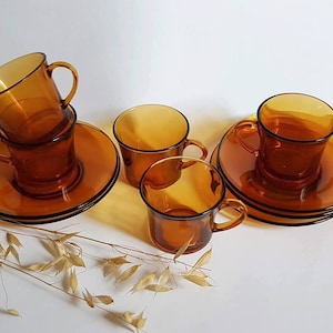 Vintage cups 5 saucers/transparent orange glass/service coffee drink/tableware France/retro old art table/goblet tea lunch/flea market