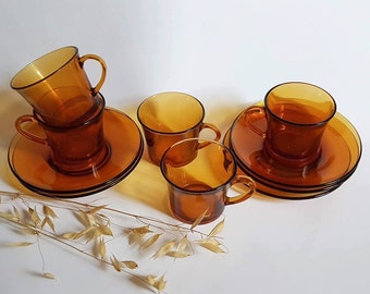 Vintage cups 5 saucers/transparent orange glass/service coffee drink/tableware France/retro old art table/goblet tea lunch/flea market