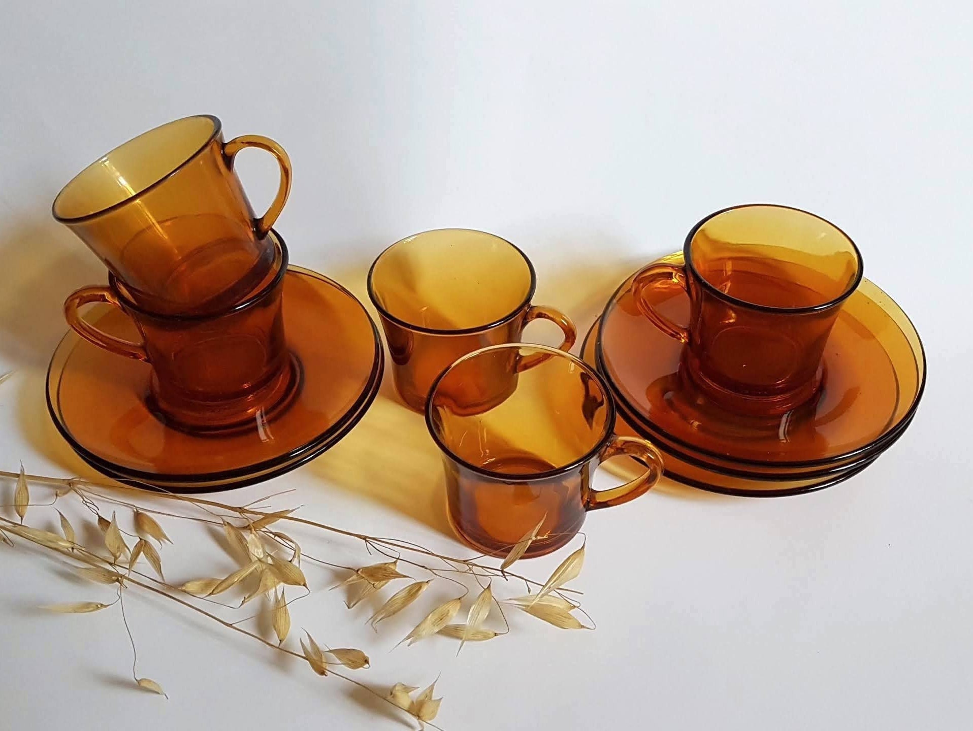 Vintage Tasses 5 Soucoupes Verre Orange Transparent Service Café Boisson Vaisselle France Rétro Anci