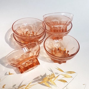 Vintage cup set 5 dessert molded glass transparent salmon pink France kitchen meal tableware home facets flea market utensil french luxury