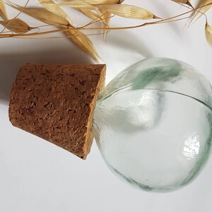 May include: A clear glass bottle with a cork stopper. The bottle is round and has a slight green tint. The cork is brown and has a rough texture.