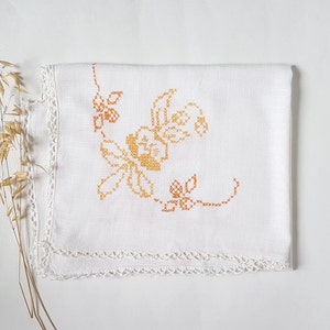 Vintage tablecloth/white small square/cotton embroidered embroidery/yellow orange/linen table home kitchen/handmade/France washable aron