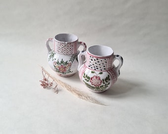 Vintage vase pots pair 2 porcelain ceramic/white rose flower pattern/hand painted artisan signed/bohemian country chic boho/decor decoration