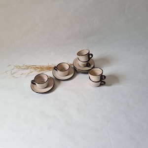 Vintage coffee cup saucer 6 service/beige brown stoneware/retro style 50s rustic/table art home kitchen/France French flea market country