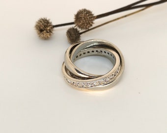 Vintage rings silver 925 old woman's jewel intertwined hallmark France size 59 handmade costume jewelry oxides zirconium flea market