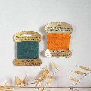 Hilo vintage reanudado Meteor 2000 Francia Marca francesa mercería costura original accesorio de cartón algodón nylon turquesa naranja