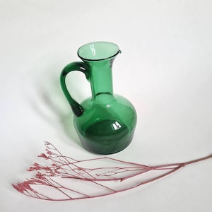 Vintage  glass pitcher/transparent green blown/handle spout/service drink kitchen/water wine/craft France/art table large big dishes 1 liter