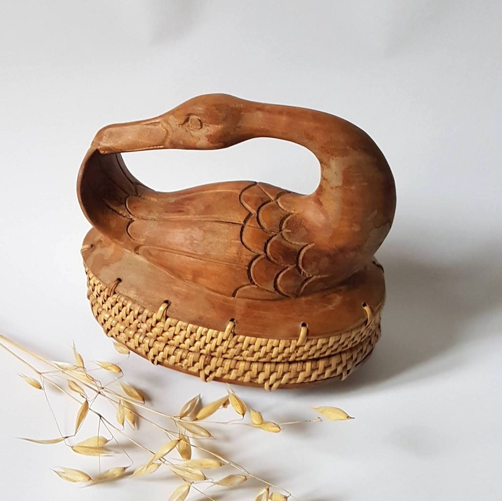 Vintage Boite Bois Osier Canard Rangement Animal Collection Decoration Artisanal Artisanat Corbeille