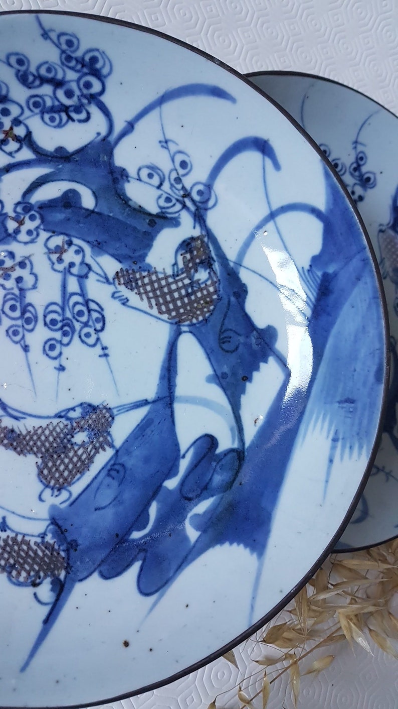 Vintage Plates set Porcelain Old China Asian Art Handcrafted Decor Blue Wall Decoration Home Interior Antiques Collectible flea market image 8