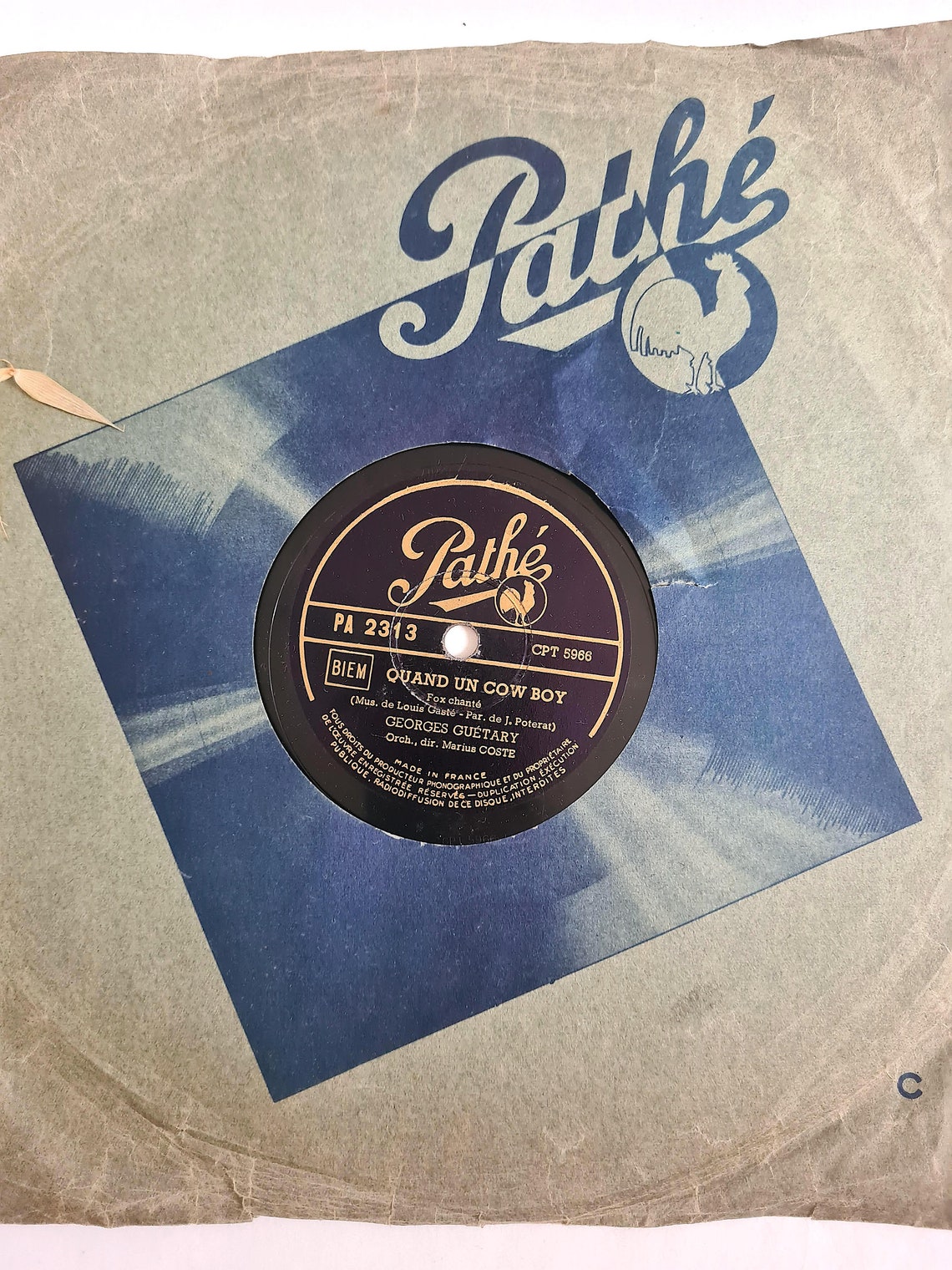 Vintage disque vinyle/Georges Guethary "Quand Un Cow Boy" et ""A Honolulu" 78 tours/chanson française/Pathé/rumba chantée fox chanté 1945, foto 2 di 5